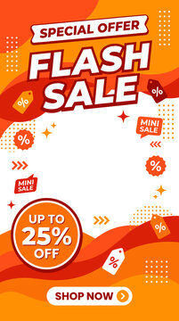 Vibrant orange and red flash sale advertisement with discounts and a call to action to shop now