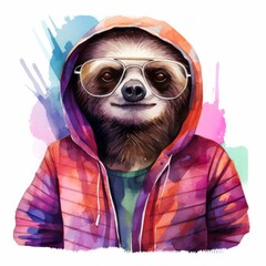Fototapeta premium Sloth wearing sunglasses and hoodie with colorful watercolor background creates a cool and trendy vibe for creative designs