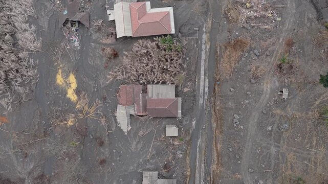 Aerial view of damaged village after semeru volcano eruption