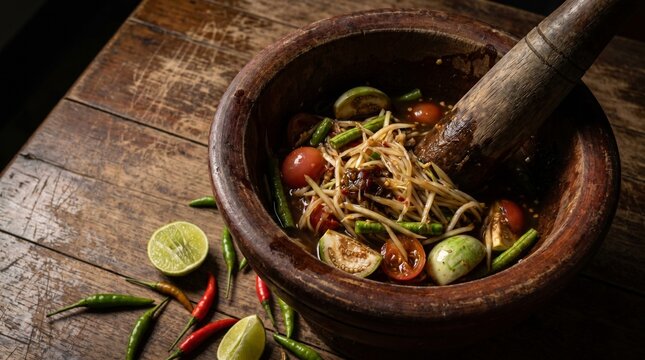 Authentic Isan Spicy Papaya Salad with Fermented Fish Som Tum Pla Ra