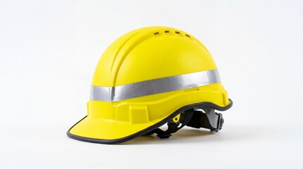 Fototapeta premium Yellow construction hard hat with safety reflective stripe