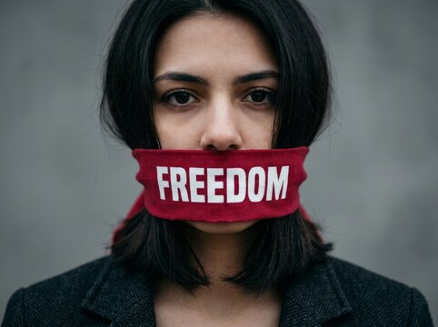 Woman Gagged With Freedom Tape Symbolizing Censorship And Silence.