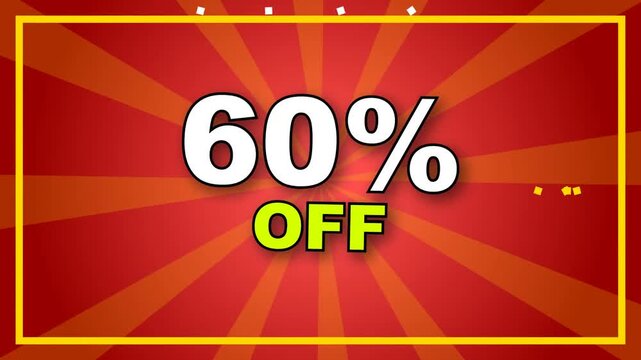 A vibrant red and orange sunburst background with a yellow border, prominently displaying '60% OFF' in bold white and yellow text, indicating a significant discount or sale.