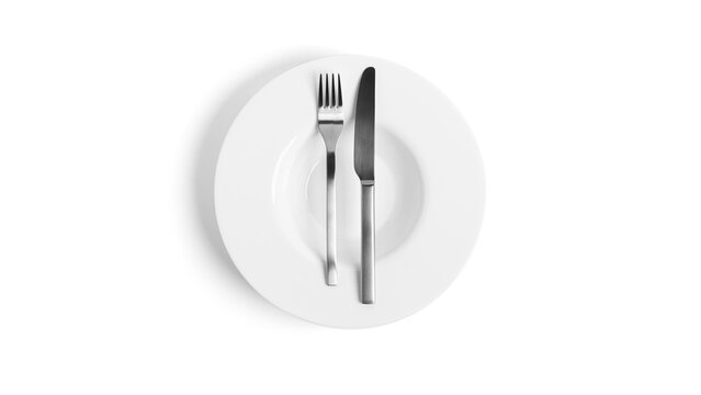 Sign language with cutlery. A plate with cutlery isolated on a white background. Plate, knife, fork on a white background.
