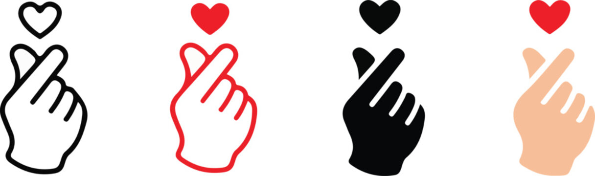 minimalist korean finger heart gesture icon set in outline red filled black and peach color styles for kpop love social media and youth culture ui design