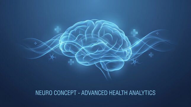 A futuristic illustration of a brain with glowing blue lines and stars, representing advanced health analytics and neuro concept.