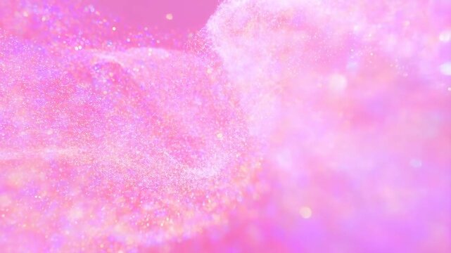 Animation of pink glitter particles cloud floating and sparkling on soft pink background