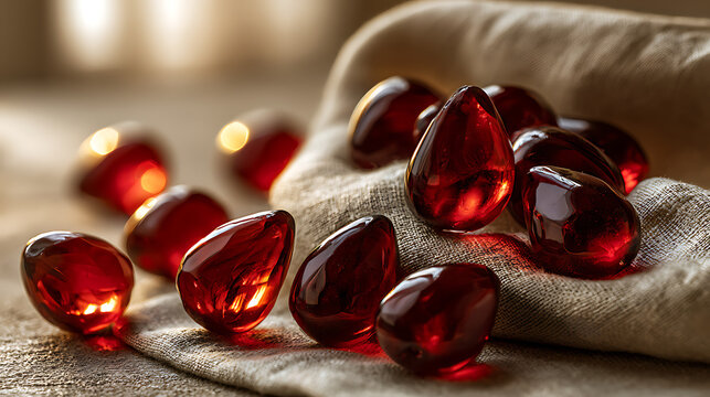 A multitude of dark red teardrop-shaped ruby ​​beads scattered across a natural linen fabric.