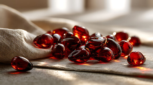 Dark red teardrop shaped ruby ​​beads scattered across natural linen fabric.