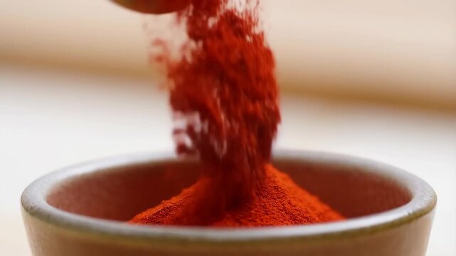 Close-up shot of red paprika powder being poured into wooden bowl on light background
