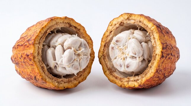 Fresh cocoa fruit cut in half showing white beans inside