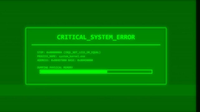 A retro-futuristic green screen displaying a critical system error message with a progress bar, evoking a vintage computer interface.