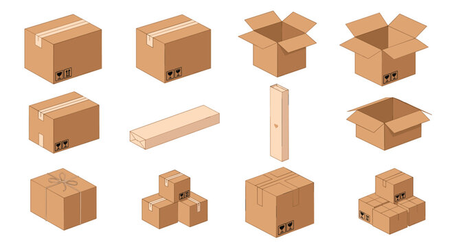 Collection of twelve various cardboard shipping boxes in different shapes and sizes for moving, packaging, and delivery services.