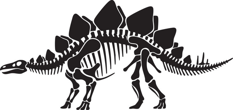 Stylized skeleton of a stegosaurus dinosaur walking with black and whi