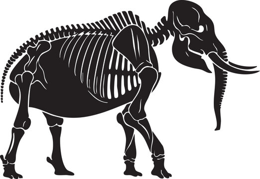Stylized skeleton of an extinct mammoth walking with black and white