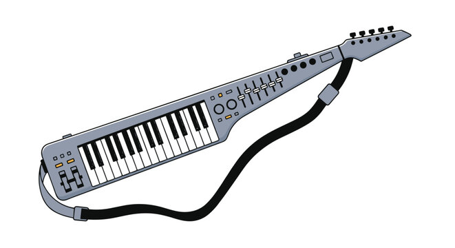 Modern electronic keytar musical instrument with piano keys and guitar-like body featuring various control sliders.