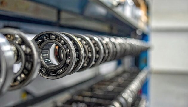 Row of industrial metal ball bearings with precision metal spheres on a shelf