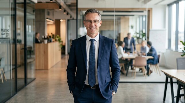 confident businessman in blue suit walking through modern office corridor with natural lighting