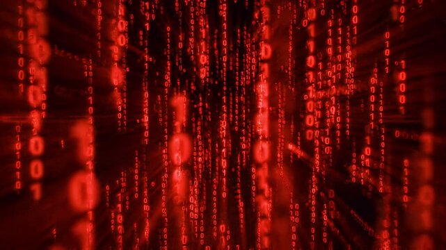 Red Glowing Binary Code Data Stream Falling Technology Background