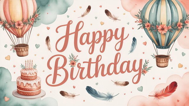 watercolor happy birthday greeting with hot air balloons and cake illustration