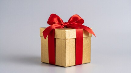 Fototapeta premium Golden gift box with a red ribbon bow