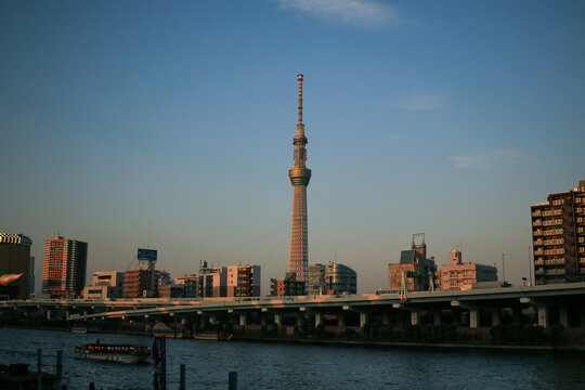 TOKYO, JAPAN - JUNE 18, 2016: Tokyo Skytree and the surrounding cityscape bathed in warm sunset light, viewed across the Sumida River with the Metropolitan Expressway and a traditional yakatabune boat