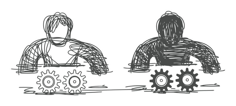 Teamwork Vector Illustration of Two People Turning Gears