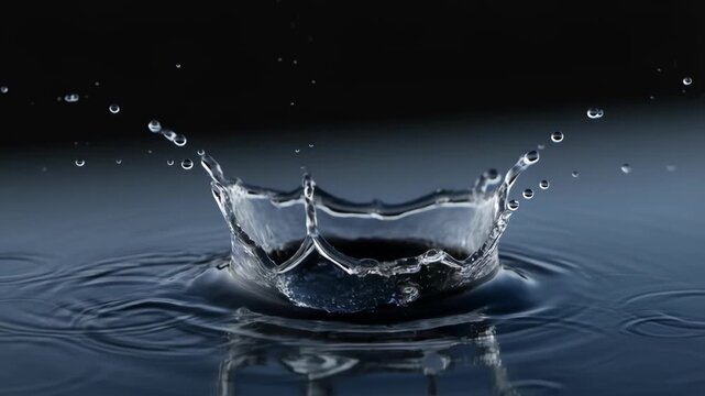 Slow motion shot of water drop crown splash with ripples on dark blue background