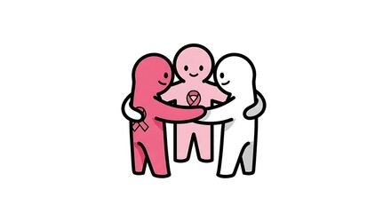 Obraz premium Group of diverse figures wearing pink ribbons join together in a symbolic hug to represent unity and support for cancer patients.