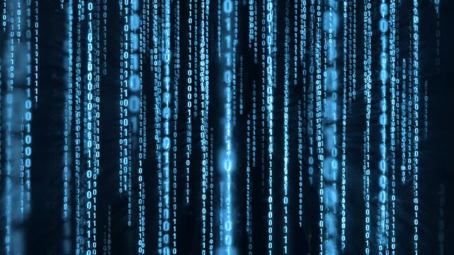 Binary Code Rain Falling Vertically on Dark Background Glowing Digits
