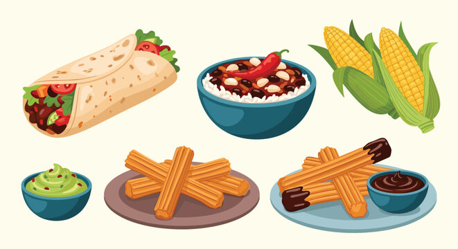 Variety of mexican treats and dishes including a burrito bowl of chili corn churros with chocolate and fresh guacamole dip.