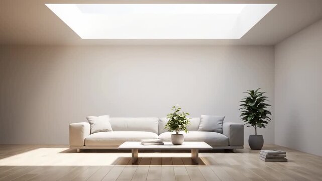 Modern minimalist living room featuring sofa, coffee table, and plants beneath a skylight