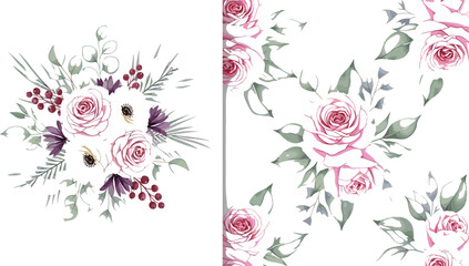 Romantic floral compositions with roses, berries and wildflowers, elegant botanical arrangements and seamless pattern design in soft watercolor style vector illustration © jafrine