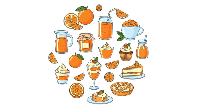 Circular arrangement of orange flavored food and drinks including juice cakes marmalade cupcakes and fresh orange slices.