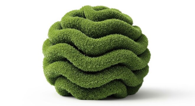 Green moss ball with wavy texture, decorative organic sphere on white background, fuzzy botanical mossy object for interior design concepts