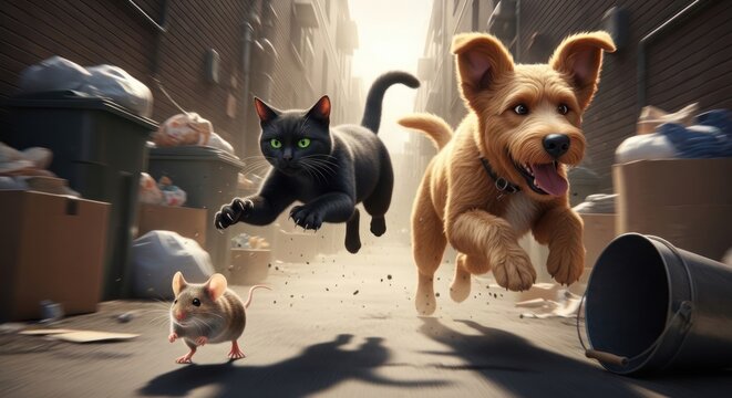 Dog and cat chasing mouse in alleyway scene with dynamic movement