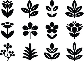 Obraz premium Vector set of black floral and leaf icons featuring various flower blossoms and botanical branch silhouettes