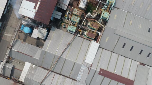Aerial top down view of industrial factory pollution