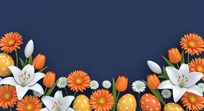 Easter holiday background with colorful spring flowers and decorated eggs on a dark blue surface top view