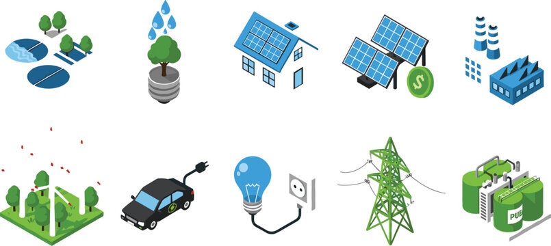 Isometric Renewable Energy and Sustainable Technology Icon Set with Solar Panels, Wind Turbines, Electric Vehicles, Hydropower, Batteries, Green Power, and Eco-Friendly Utilities for