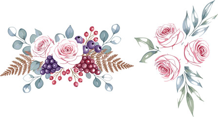 Romantic floral arrangements with roses, berries and eucalyptus leaves, elegant botanical compositions in soft watercolor style for wedding invitation and decor design © jafrine