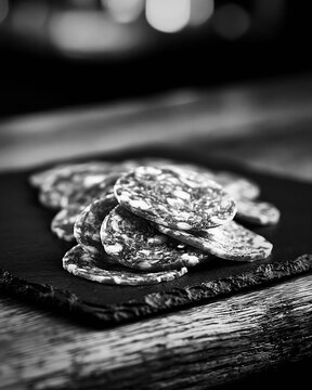 Traditional finocchiona igp meat slices on slate in a rustic setting
