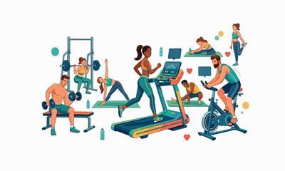 Fototapeta premium Flat Vector Fitness Activity Set – People Exercising with Gym Equipment and Cardio Workouts