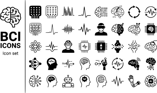 Neural Implants BCI Icon Set Electrode Array Spike Train Signal Decode Motor Cortex Feedback Loop Neural Signal Brain Interface Implant Chip Brainwave Vector Illustration