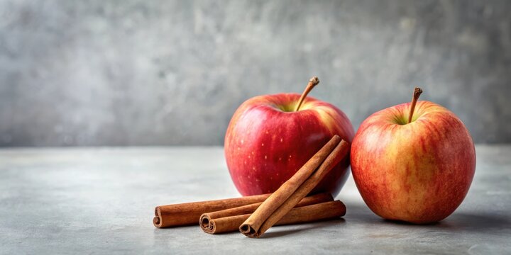 Aromatic autumn still life featuring two ripe red apples and several cinnamon sticks on a neutral background