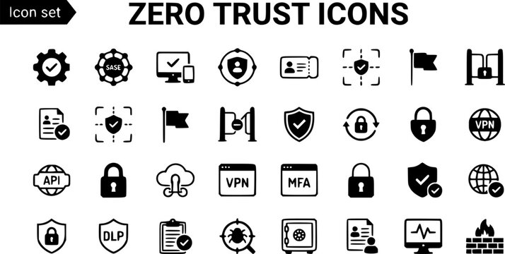 Zero-Trust Network Icon Set Policy Engine SASE Device Posture Identity Perimeter Session Token Micro-Segment Lateral Movement MFA Audit Log Access Control Vector