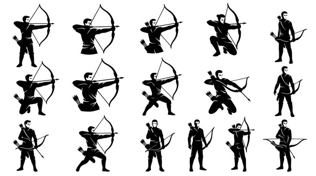 Black and White Archery Icons - Male Archers in Action Poses
