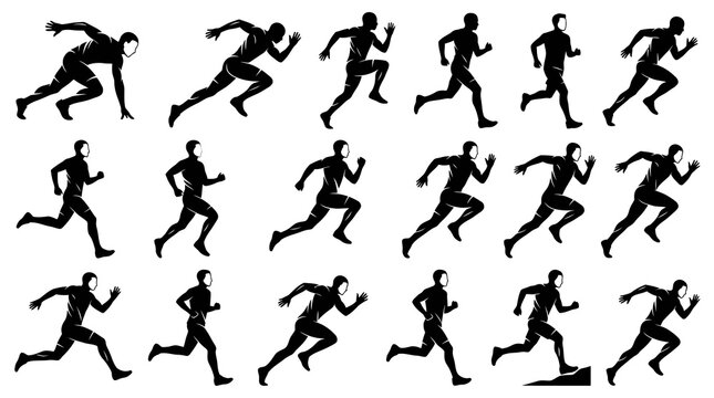 Sports and Fitness Runners Vector Silhouettes Set - Dynamic Sprinting and Jogging Athlete Glyphs