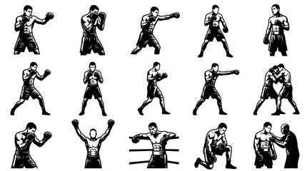 Obraz premium Black and White Line Art Vector of Boxers in Various Poses