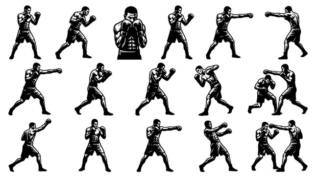 Dynamic Boxing Fighters Poses Vector Set - Black and White Line Art for Sports and Combat Training